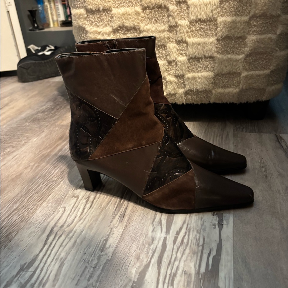 Brown Patchwork Heeled Ankle Boots - image 1